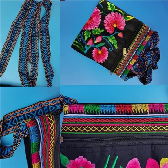 Hobo Crossbody Bag for women, Vintage Ethnic Tribal Embroidered Boho Hippie Tote - Picture 6 of 7